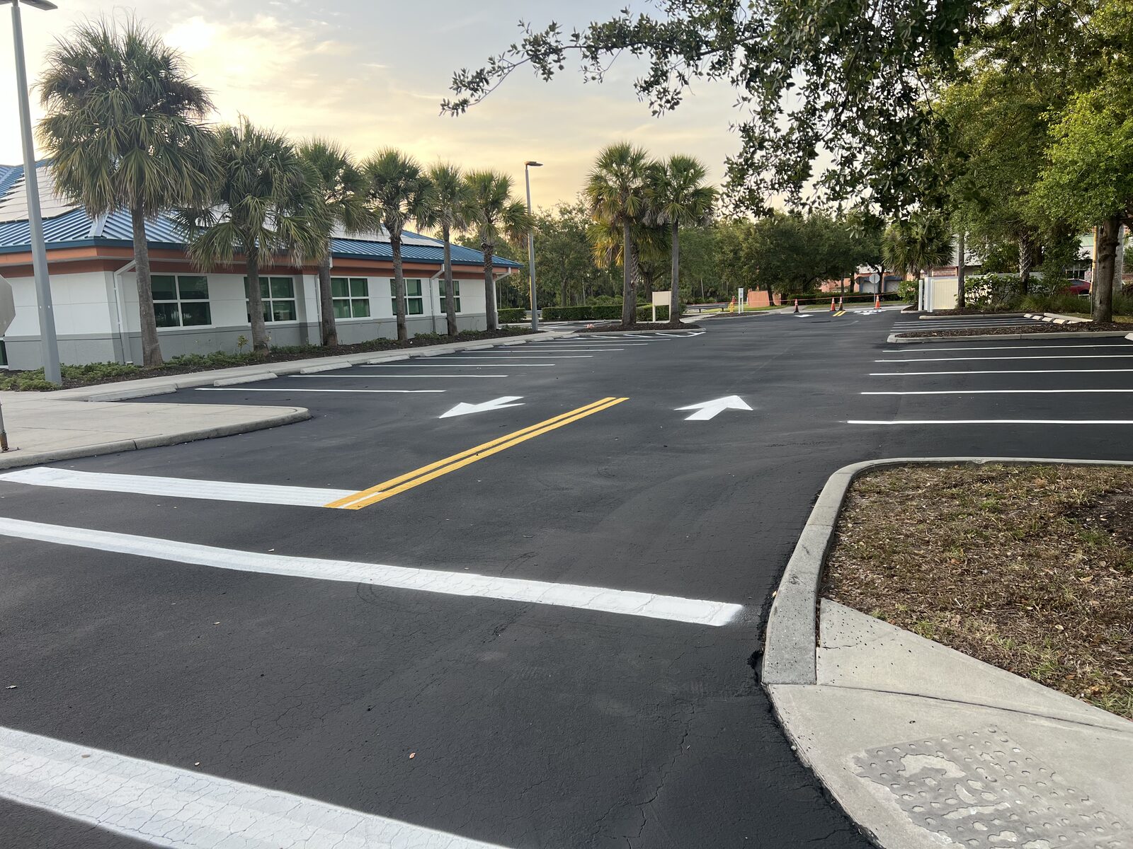 Freshly painted directional arrows and lane markings on black asphalt