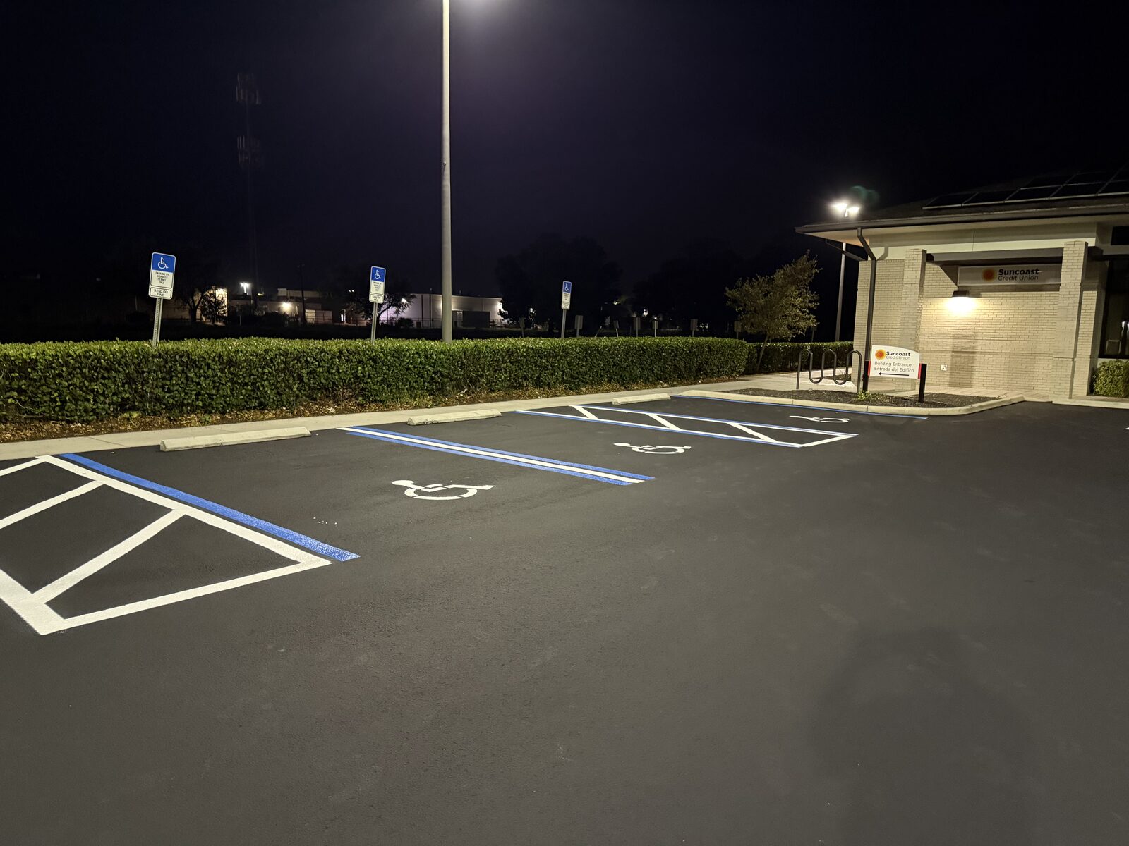 ADA accessible parking stalls striped in blue and white at night